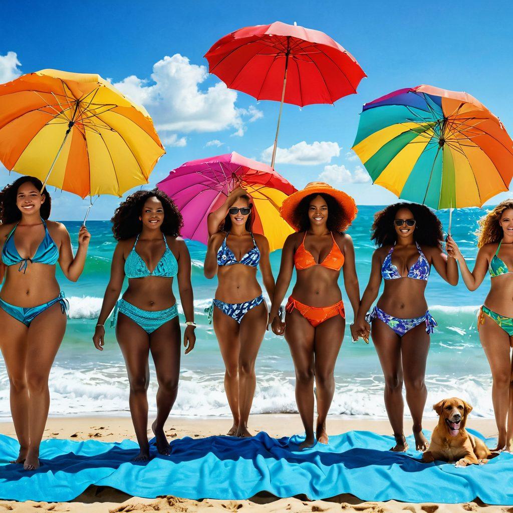 A vibrant beach scene showcasing diverse beachwear styles on confident individuals of varying body types enjoying the sun and surf. Include colorful umbrellas, beach towels, and playful ocean waves in the background. The atmosphere should radiate joy and self-acceptance, with bright summer colors enhancing the lively feel. super-realistic. vibrant colors. sunny backdrop.